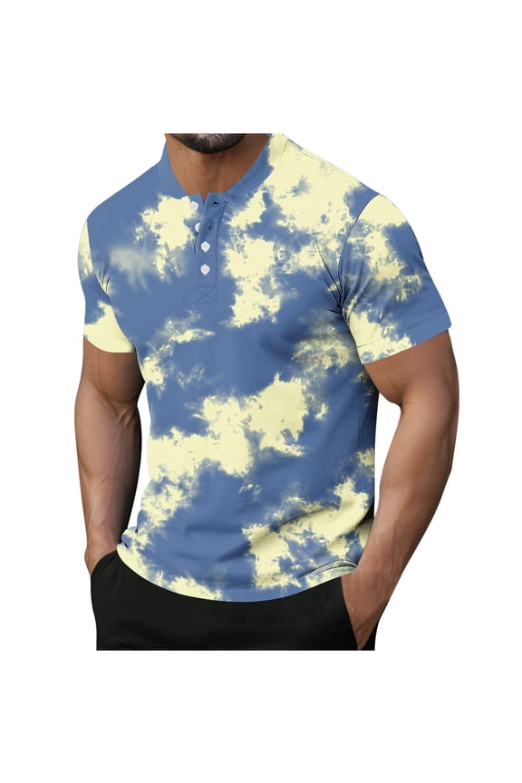 Men's Short Sleeve Button Henley Neck Tie-dye Printing Shirt