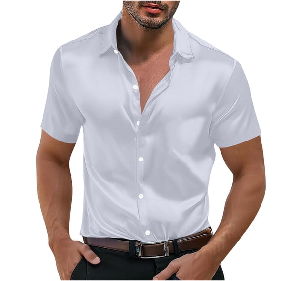 Mgmyaa Men's Silk Satin Dress Shirt Fashionable Personality Dancing Party Vintage Shiny Button Down Shirts