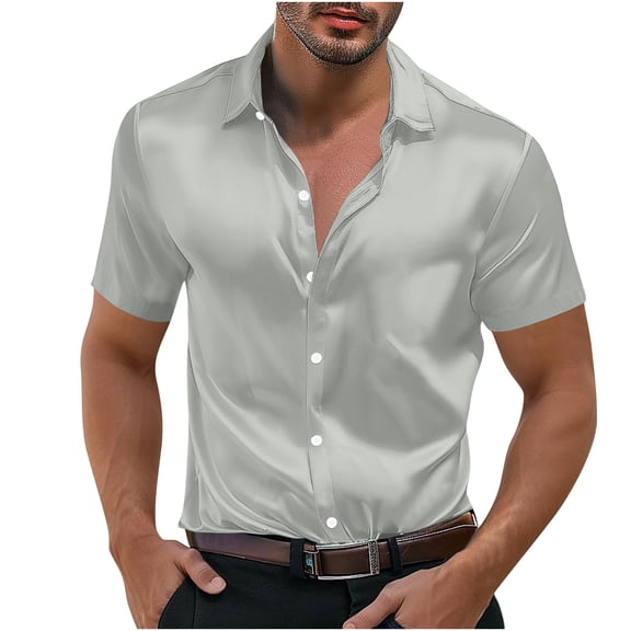 Mgmyaa Men's Silk Satin Dress Shirt Fashionable Personality Dancing Party Vintage Shiny Button Down Shirts