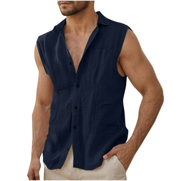 Mgmyaa Men's Sleeveless Shirts Button Down Beach Tank Top Basic Solid Shirt Vest with Pocket