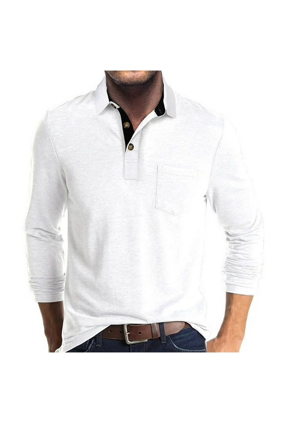 Men's Slim Fit Long Sleeve Shirt with Pocket Casual Collared Pullover Polos for Men