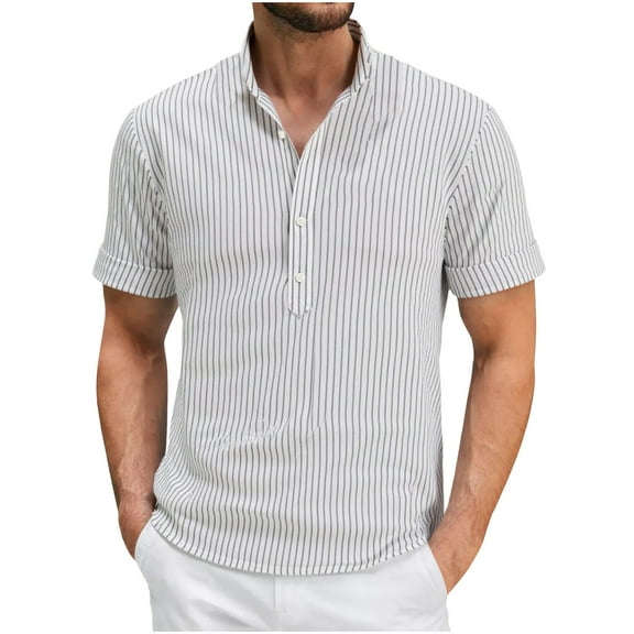 Mgmyaa Men's Summer Short Sleeve T-Shirt Semi Open Henley Neck Button Cotton Linen Casual Loose Striped Shirt