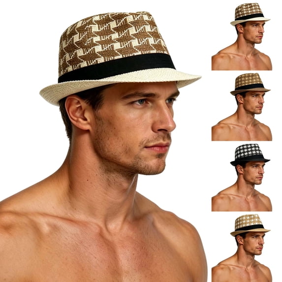 Mgmyaa Men's Summer Straw Jazz Hat Wide Brim Sun Protection Outdoor Travel Cap Breathable Lightweight Casual Beach Holiday Headwear Adjustable Classic Style