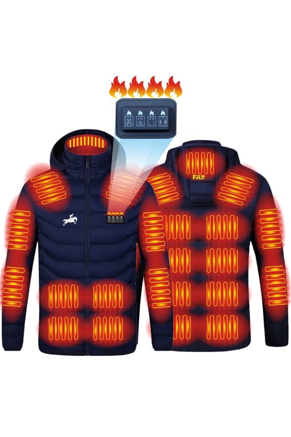 Men's USB Charging Heated Jacket 21 Zones Warming Stand Collar Coat Full Zip with Detachable Hood and Inner Pockets for Cold Weather Hiking Camping