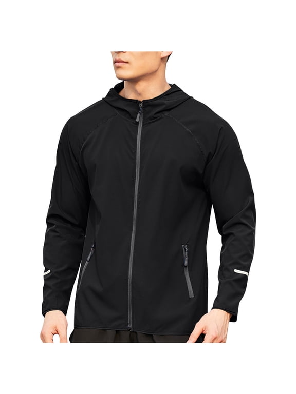 Mens Athletic Jackets Summer Running Windbreaker Outdoor Workout Hooded Fishing Clothing Exercise Coat with Zipper Pockets