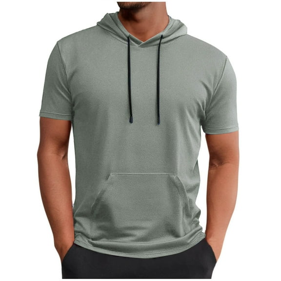 Mgmyaa Mens Hooded Shirts Casual Muscle Workout Gym T-Shirt Pocket Drawstring Short Sleeve Tee for Men