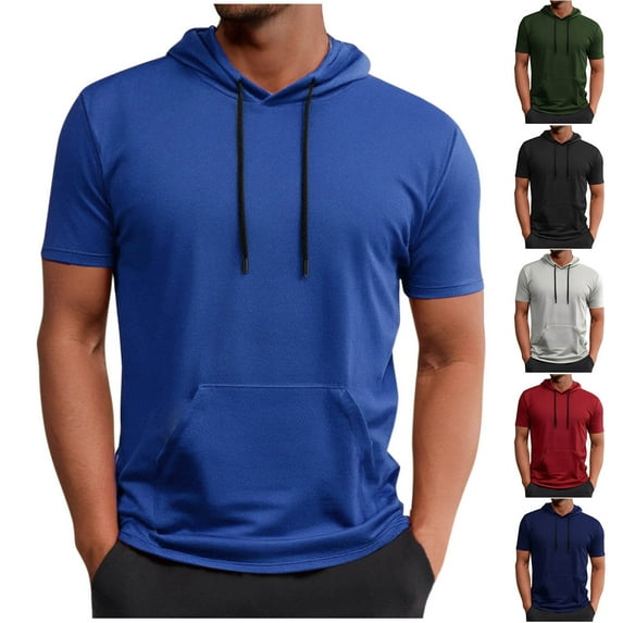 Mgmyaa Mens Hoodies Solid-Color Athleisure Pocket Drawstring Short Sleeve Hooded Blouse Pullover Shirts