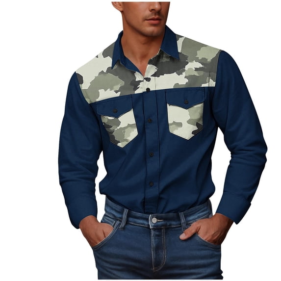 Mgmyaa Mens Long Sleeve Button Down Shirts Casual Button Collared Double Pockets Print Workwear Shirt