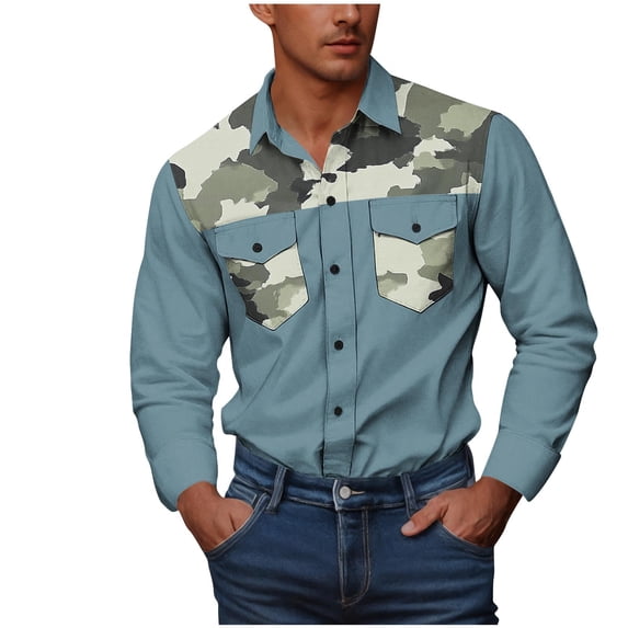 Mgmyaa Mens Long Sleeve Button Down Shirts Casual Button Collared Double Pockets Print Workwear Shirt
