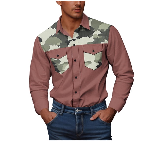 Mgmyaa Mens Long Sleeve Button Down Shirts Casual Button Collared Double Pockets Print Workwear Shirt