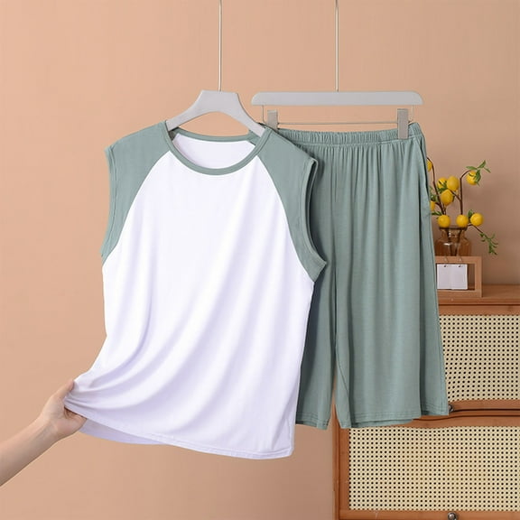 Mgmyaa Mens Pajama Set Sleeveless Color Block Tank Top and Shorts Summer Pajamas Comfortable Loungewear 2-Piece Set