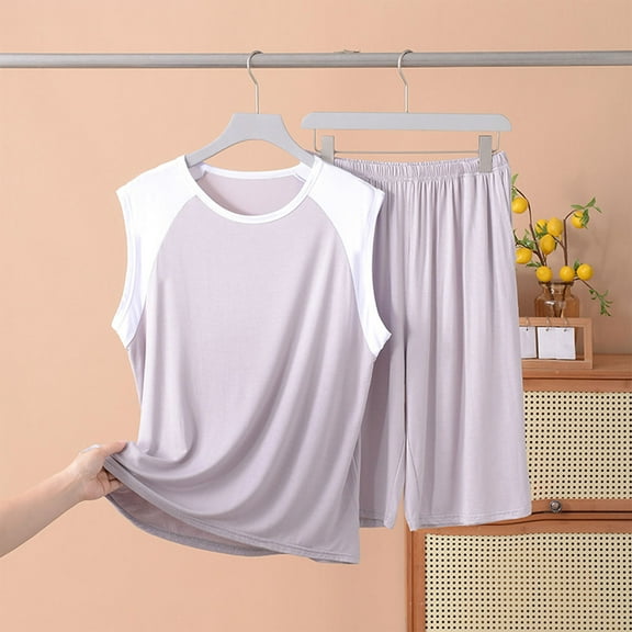 Mgmyaa Mens Pajama Set Sleeveless Color Block Tank Top and Shorts Summer Pajamas Comfortable Loungewear 2-Piece Set