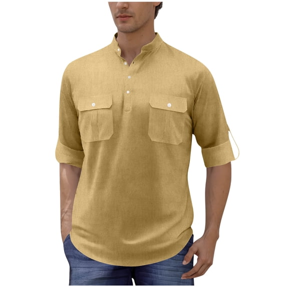 Mgmyaa Mens Shirt Pullover Casual Band Collar Solid Beach Long Sleeve T-Shirt Mock Neck Button Pocket Tee