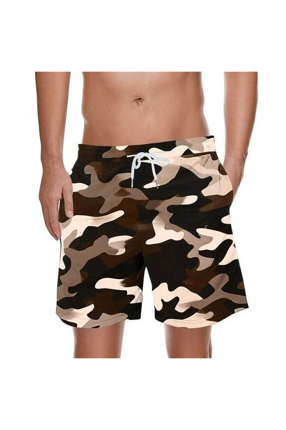 Mens Shorts Athletic Casual Camouflage Print Swim Trunks - Knee-Length, Elastic Waist, Drawstring & Pockets