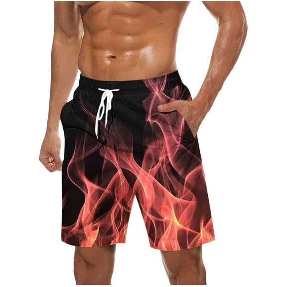 Mgmyaa Mens Swim Trunks Flame Print Elastic Waist Shorts with Pockets Drawstring Beach Shorts for Summer Casual