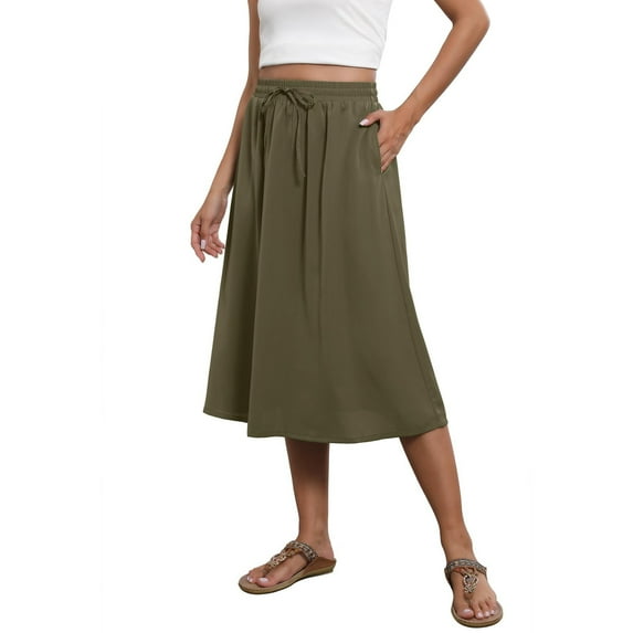 Mgmyaa Midi Skirts for Women High Elastic Waist Knee Length Casual Flared Flowy Skirt