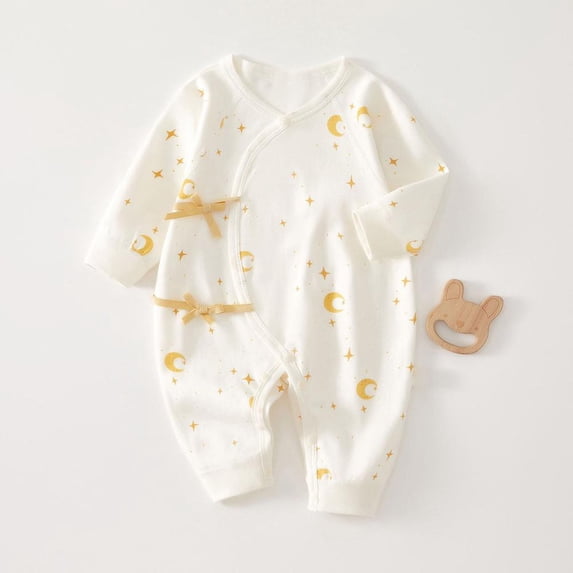 Mgmyaa Newborn Baby Kimono Romper Pure Cotton Long Sleeve Footless Bodysuit with Snap Closure and Moon Star Print