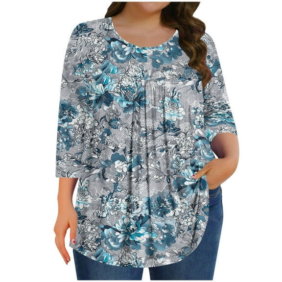 Mgmyaa Plus Size Blouses for Women Dressy Casual Crew Neck 3/4 Sleeve Tops Beach Vocation TShirts