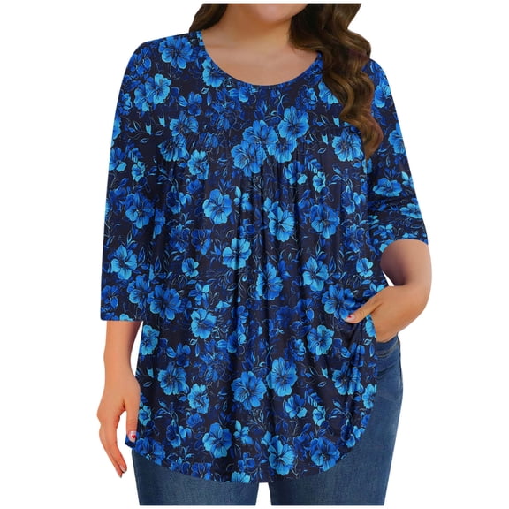 Mgmyaa Plus Size Blouses for Women Dressy Casual Crew Neck 3/4 Sleeve Tops Beach Vocation TShirts