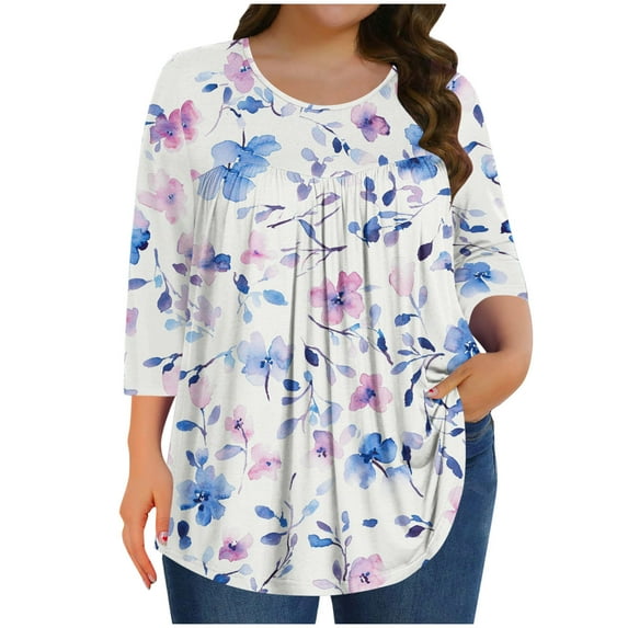Mgmyaa Plus Size Blouses for Women Dressy Casual Crew Neck 3/4 Sleeve Tops Beach Vocation TShirts