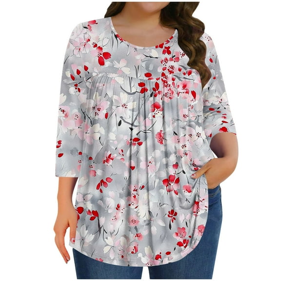 Mgmyaa Plus Size Blouses for Women Dressy Casual Crew Neck 3/4 Sleeve Tops Beach Vocation TShirts