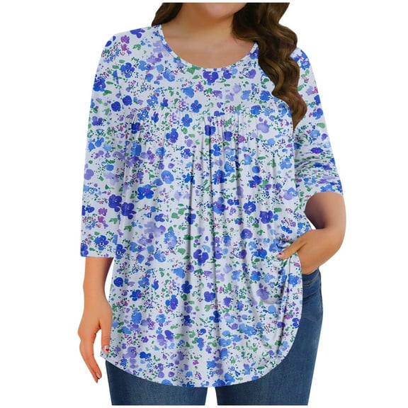 Mgmyaa Plus Size Blouses for Women Dressy Casual Crew Neck 3/4 Sleeve Tops Beach Vocation TShirts