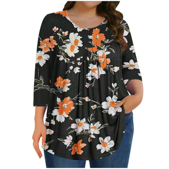 Mgmyaa Plus Size Blouses for Women Dressy Casual Crew Neck 3/4 Sleeve Tops Beach Vocation TShirts