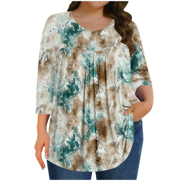 Mgmyaa Plus Size Blouses for Women Dressy Casual Crew Neck 3/4 Sleeve Tops Beach Vocation TShirts