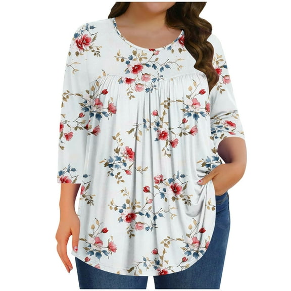 Mgmyaa Plus Size Blouses for Women Dressy Casual Crew Neck 3/4 Sleeve Tops Beach Vocation TShirts