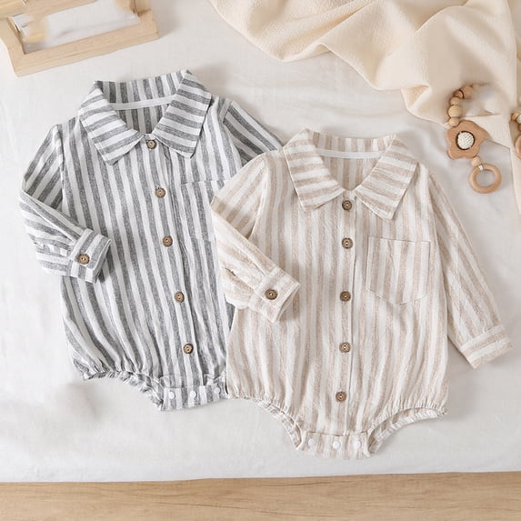 Mgmyaa Pure Cotton Collared Long Sleeve Striped Romper with Pocket for Baby Boys Girls 3-24 Months Fall Winter Jumpsuit