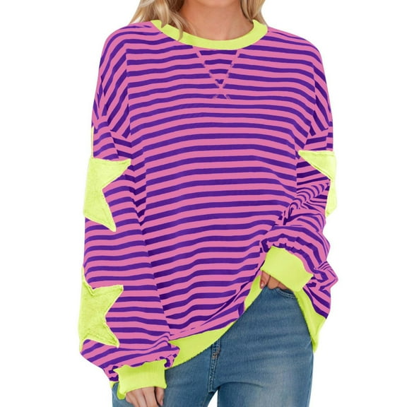 Mgmyaa Round Neck Blouse for Women Stripe Print Loose Long Sleeve Classic Blouses Sweatshirts Casual Tops Outfits
