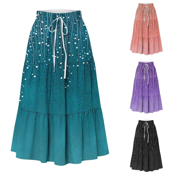 Mgmyaa Women's Summer Boho Tiered Maxi Skirt Drawstring Elastic Waist With Pockets