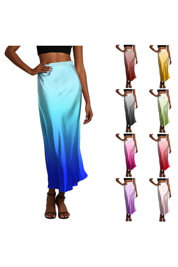 Spring Summer Artistic Casual Skirts for Women Maxi A-Line Mid Rise Gradient Skirt with Drawstring Elastic Waist Solid Slim Fit Spring Summer Maxi Skirt