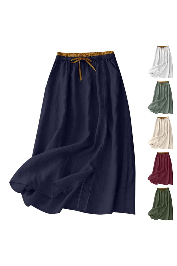Spring Summer Casual Skirts for Women Long Straight Mid Rise Skirt with Adjustable Waist Pull-On Comfort Waist Solid Loose Fit Spring Summer Long Skirt