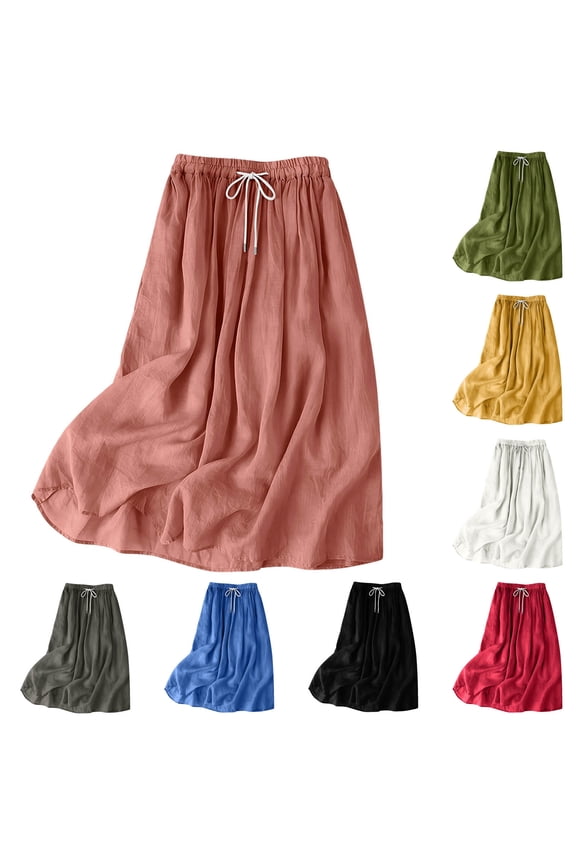 Spring Summer Casual Skirts for Women Maxi Flowing Mid Rise Skirt with Ruched Detail Ruffle Hem Pull-On Comfort Waist Solid Loose Fit Spring Summer Maxi Skirt