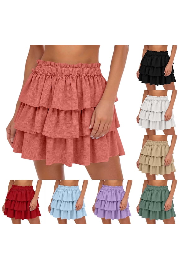 Summer Casual Skirts for Women Mini A-Line High Waist Skirt with Ruched Detail Adjustable Elastic Waist Ruffle Hem Solid Loose Fit Spring Summer Mini Skirt