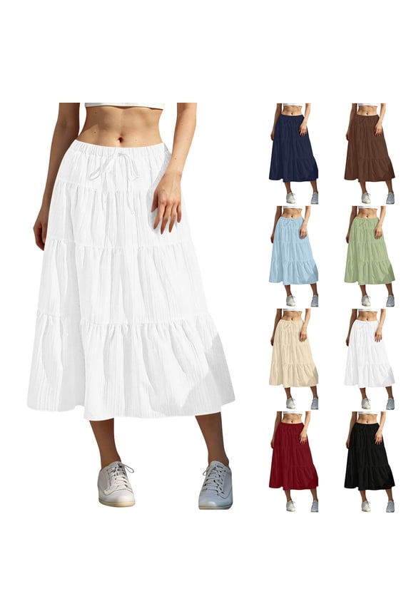 Summer Casual Skirts for Women Long A-Line Mid Rise Skirt with Ruched Adjustable Drawstring Elastic Waist Solid Loose Fit Summer Long Skirt