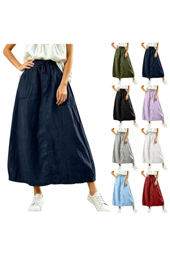 Summer Casual Skirts for Women Maxi A-Line Mid Rise Skirt with Exterior Pockets Adjustable Elastic Waist Solid Loose Fit Summer Maxi Skirt