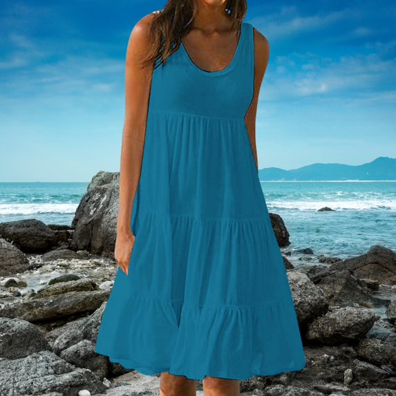 Mgmyaa Summer Dresses for Women 2025, Plus Size Classy A-line Tank Dress, Casual Loose Crewneck Sleeveless Sundress, Solid Color Print Party Beach Midi Dress with Pockets for Graduation Gifts (S-5XL)