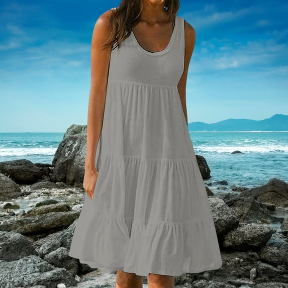 Mgmyaa Summer Dresses for Women 2025, Plus Size Classy A-line Tank Dress, Casual Loose Crewneck Sleeveless Sundress, Solid Color Print Party Beach Midi Dress with Pockets for Graduation Gifts (S-5XL)
