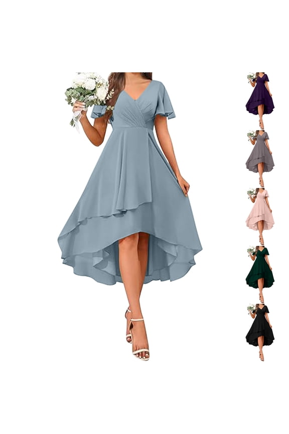 Summer Dresses for Women 2025 Ruffle Sleeve Pleated V Neck A-line Flowing Mid Length Dress