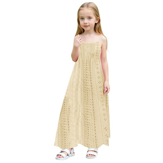 Mgmyaa Summer Girls Sleeveless Dresses Solid Color Spaghetti Straps Sundress Beach Long Dress for Kids Size 4-14