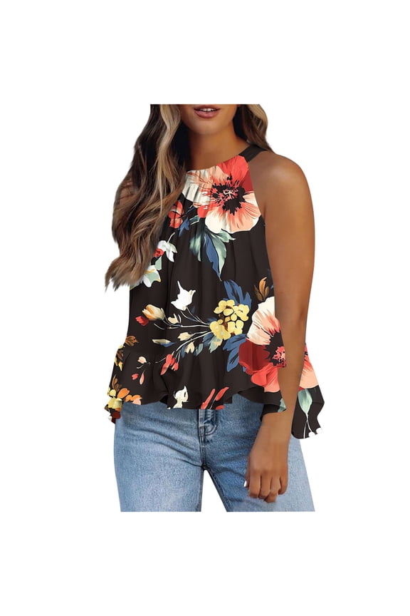 Summer Halter Tank Tops for Women Loose Fit Pleated Tie Back Sleeveless Casual Tops Flowy Shirts Blouse
