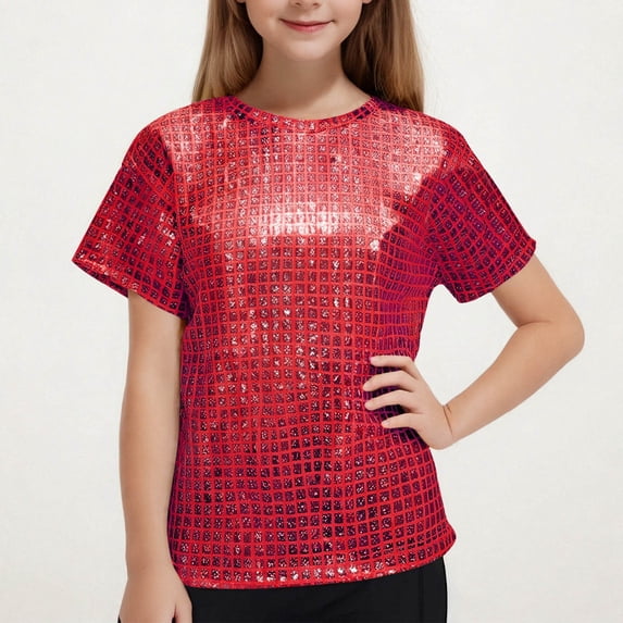 Mgmyaa Summer Unisex Tops Kids Soft T-Shirts Short Sleeve Crew Neck Blue Sequin Performance Tees 3-16