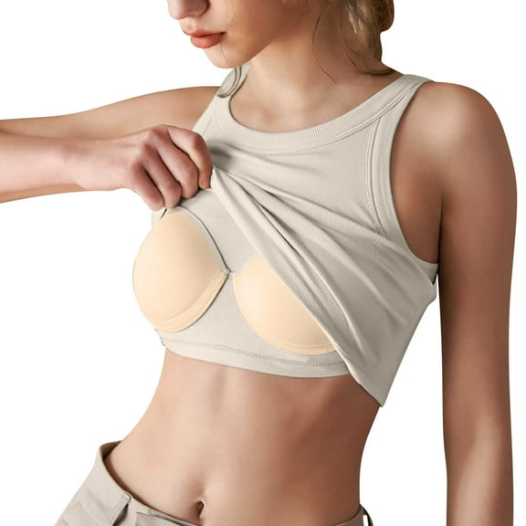 Mgmyaa Summer Women Solid Color RoundNeck Tank With Built In Bra Camisoles For Under Clothes Spaghetti Strap Cami