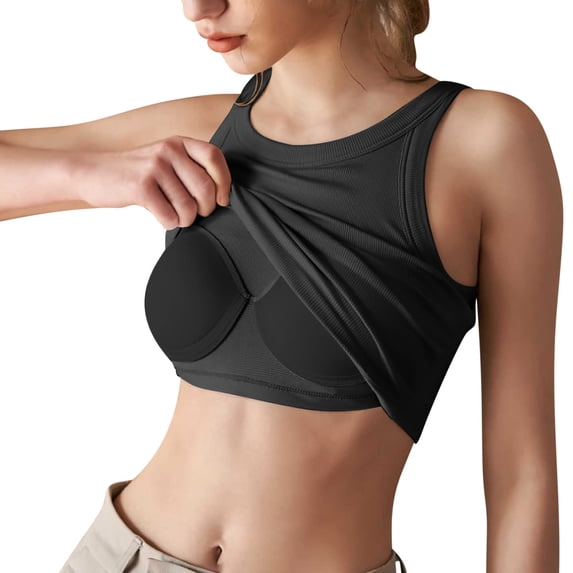 Mgmyaa Summer Women Solid Color RoundNeck Tank With Built In Bra Camisoles For Under Clothes Spaghetti Strap Cami