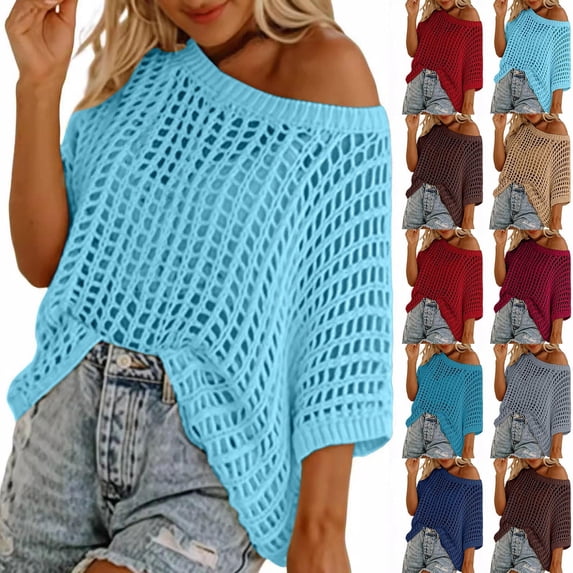 Mgmyaa Sweaters for Women Trendy Off The Shoulder Elbow-Length Sleeve Tops One Shoulder Cozy Fall Sweater