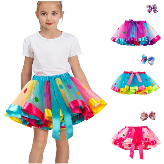 Mgmyaa Toddler Baby Girls Regular Fit Mini Tutu Skirt Set, Mid-Rise Elastic Adjustable Waist, Polka Dot Color Block Mesh Princess with Bow Hairpin, Colorful Pack of 2 for 2-8 Years Casual