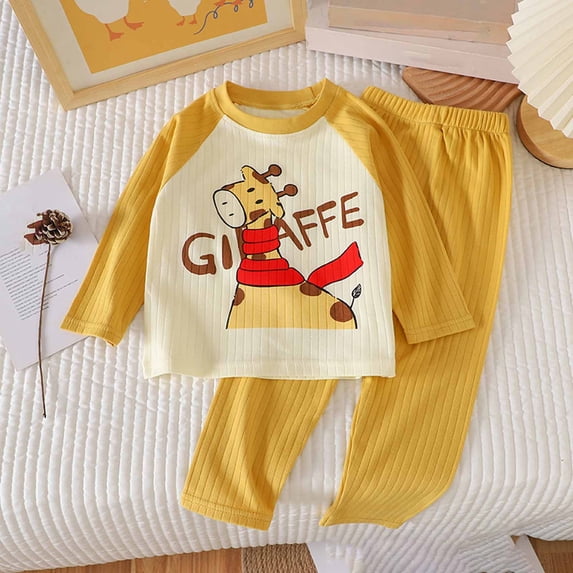 Mgmyaa Unisex Kids Cartoon Print Long Sleeve Crew Neck Top and Pants 2-Piece Pajama Set for Kids Ages 1-11
