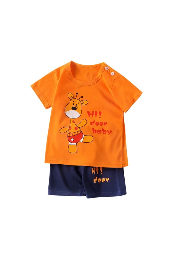 Unisex Kids Deer Print Short Sleeve Crew Neck T-Shirt and Shorts 2-Piece Casual Pajama Set for Kids Ages 6M-6Y